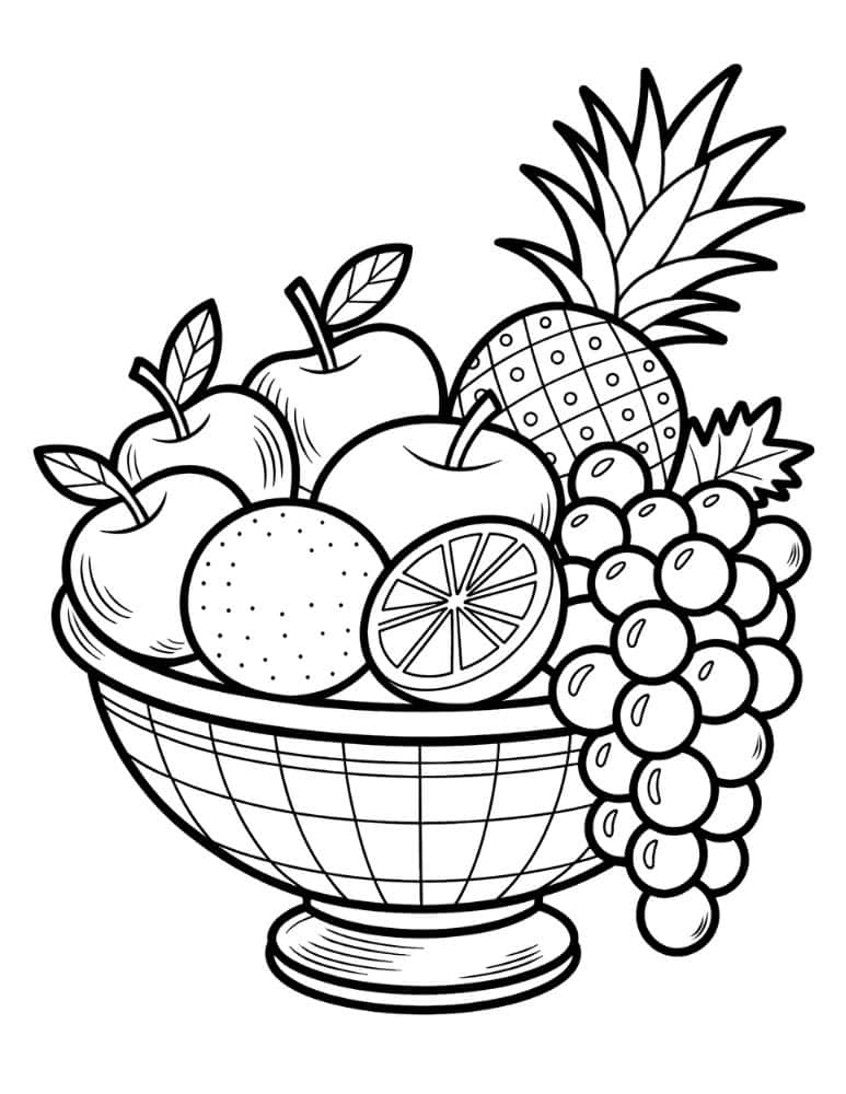fruit bowl coloring page with a variety of fruits