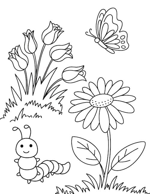 Spring coloring page with flowers, butterfly, and caterpillar