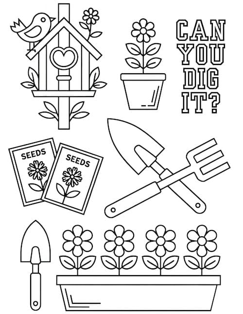 Garden tools and seed packets coloring page