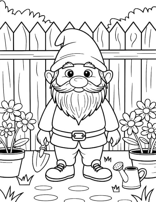 Cute garden gnome with potted flowers and shovel