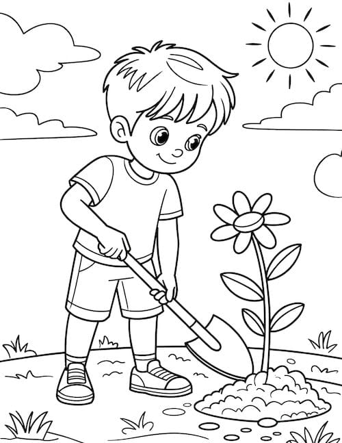 Boy planting flower garden