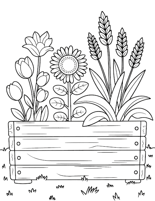 Wooden planter coloring page with sunflowers, tulips, and wheat