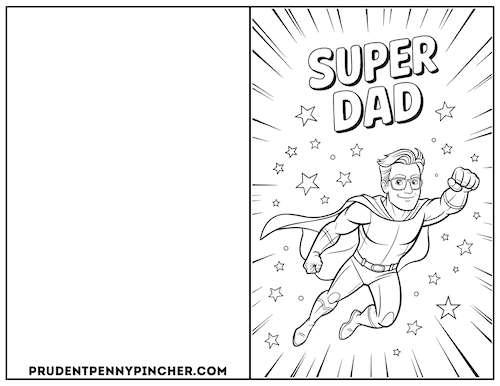 ynamic superhero-themed Father's Day coloring card illustrating "Super Dad" soaring among stars.