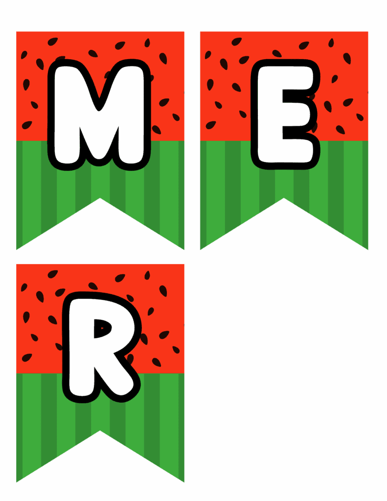 page featuring M-E-R letters on cute watermelon background.