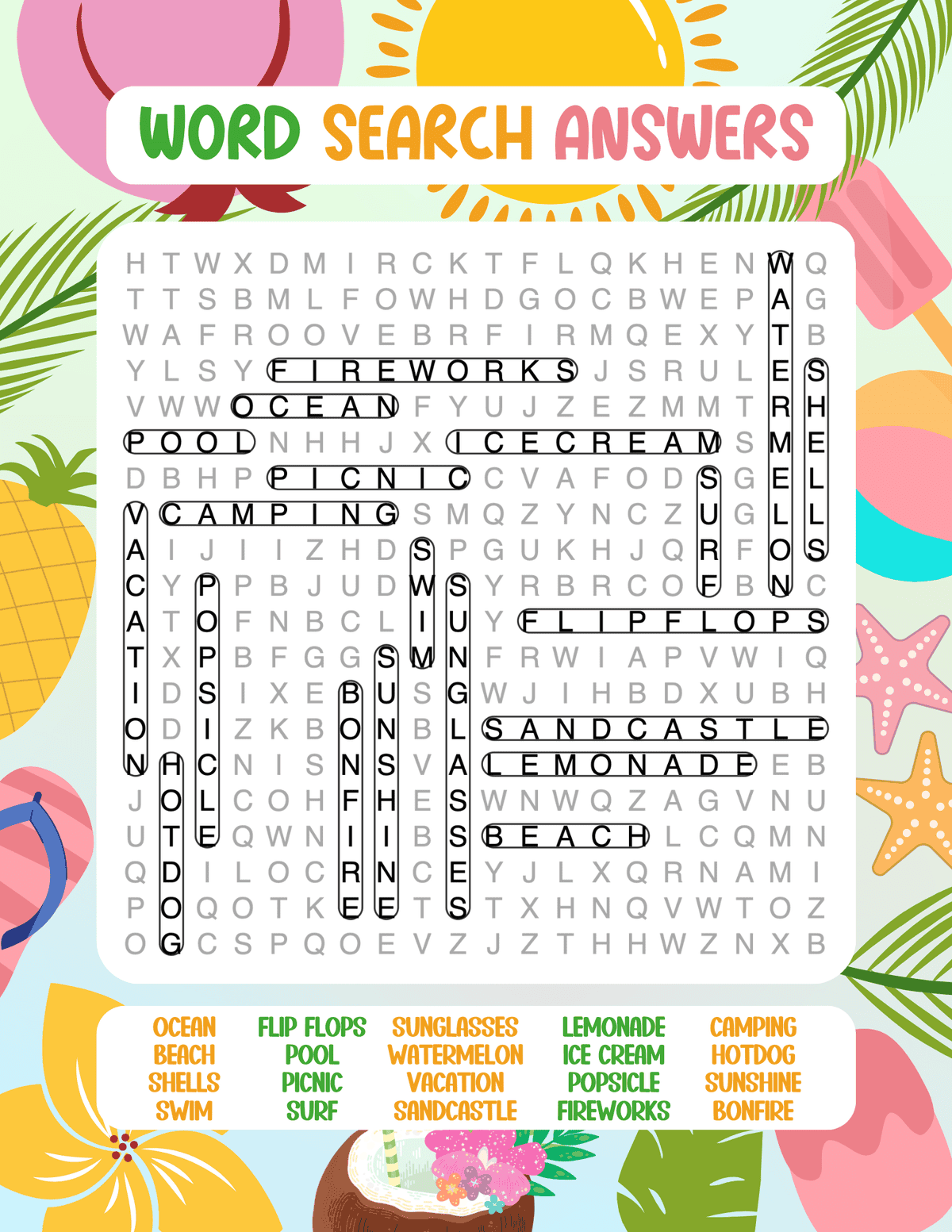 Answer key for easy word search printable for children.