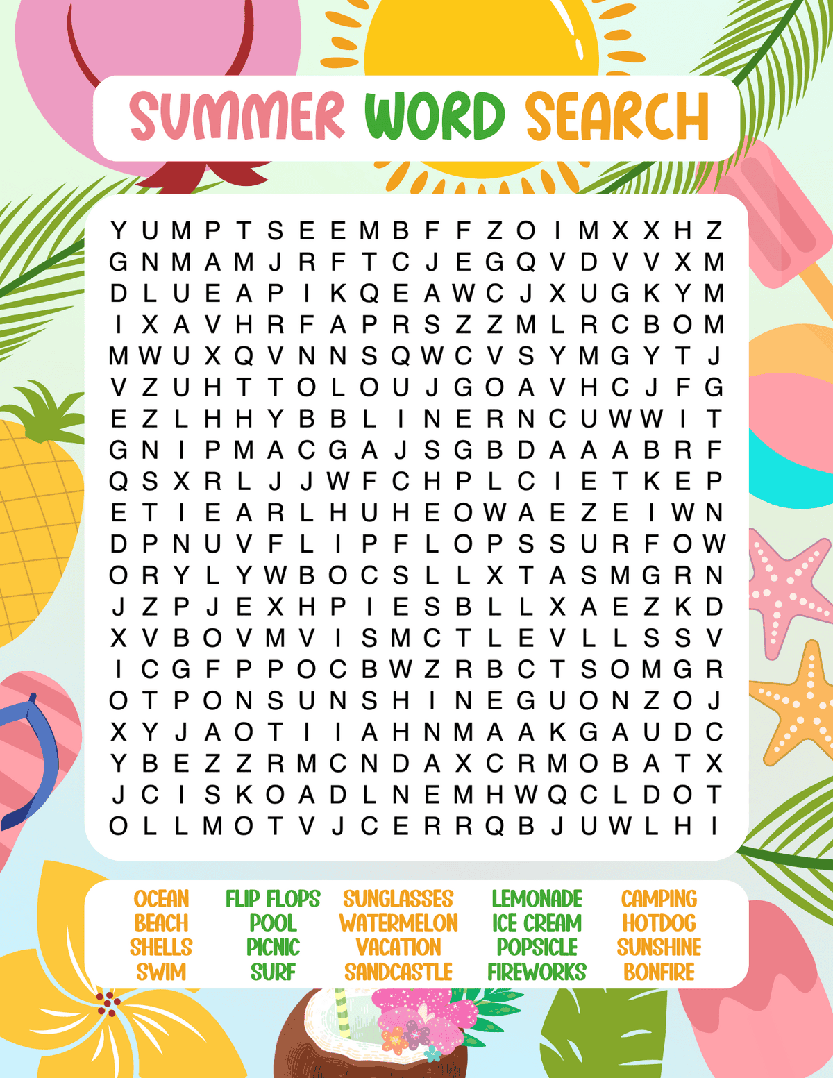 Hard summer word search printable for teens and adults.
